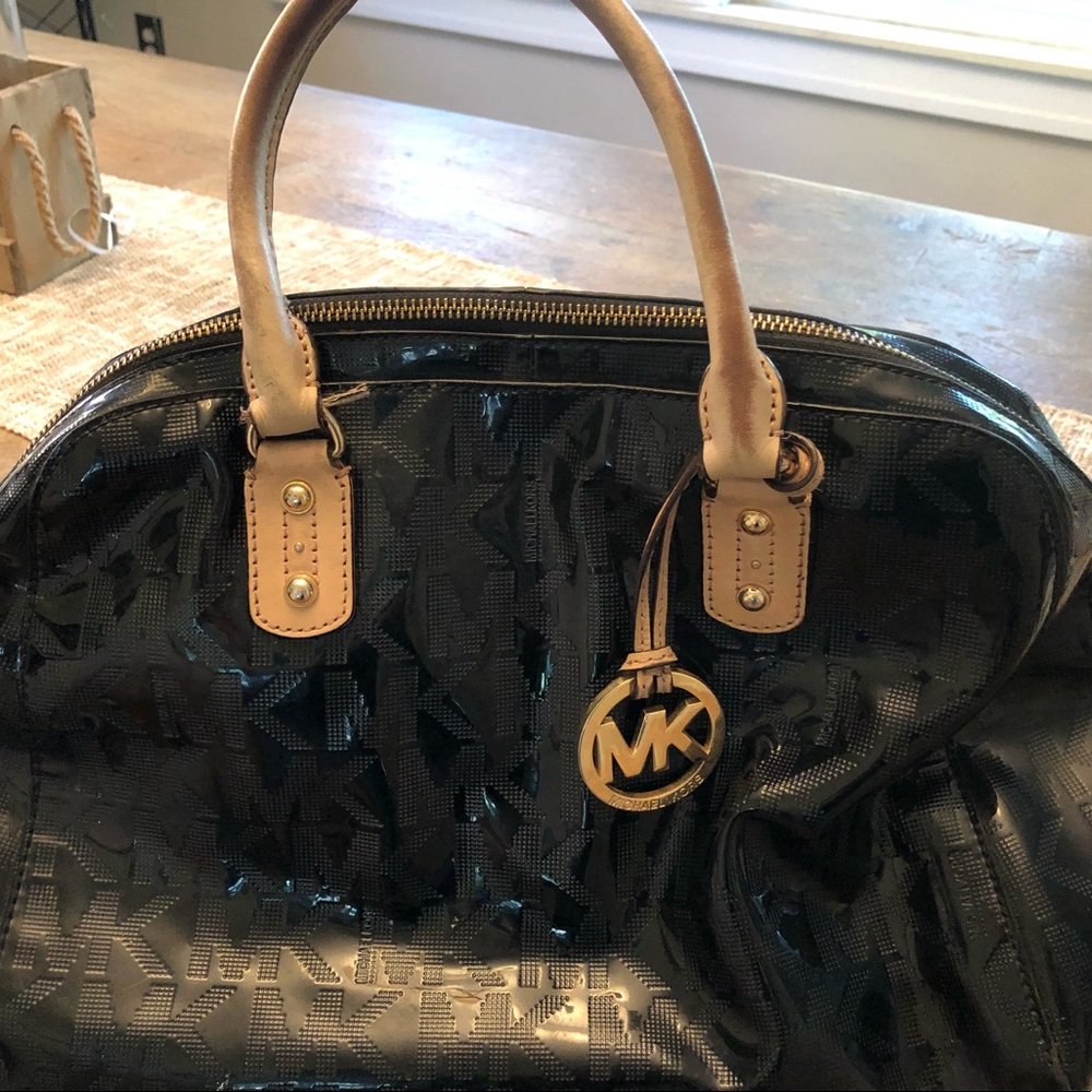 Michael Kors Glossy Black and Tan Satchel